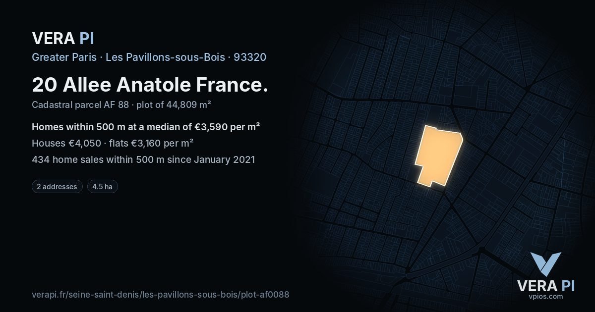 20 Allee Anatole France, Les Pavillons-sous-Bois at night – the plot lit, the parcels around coloured by the prices near them
