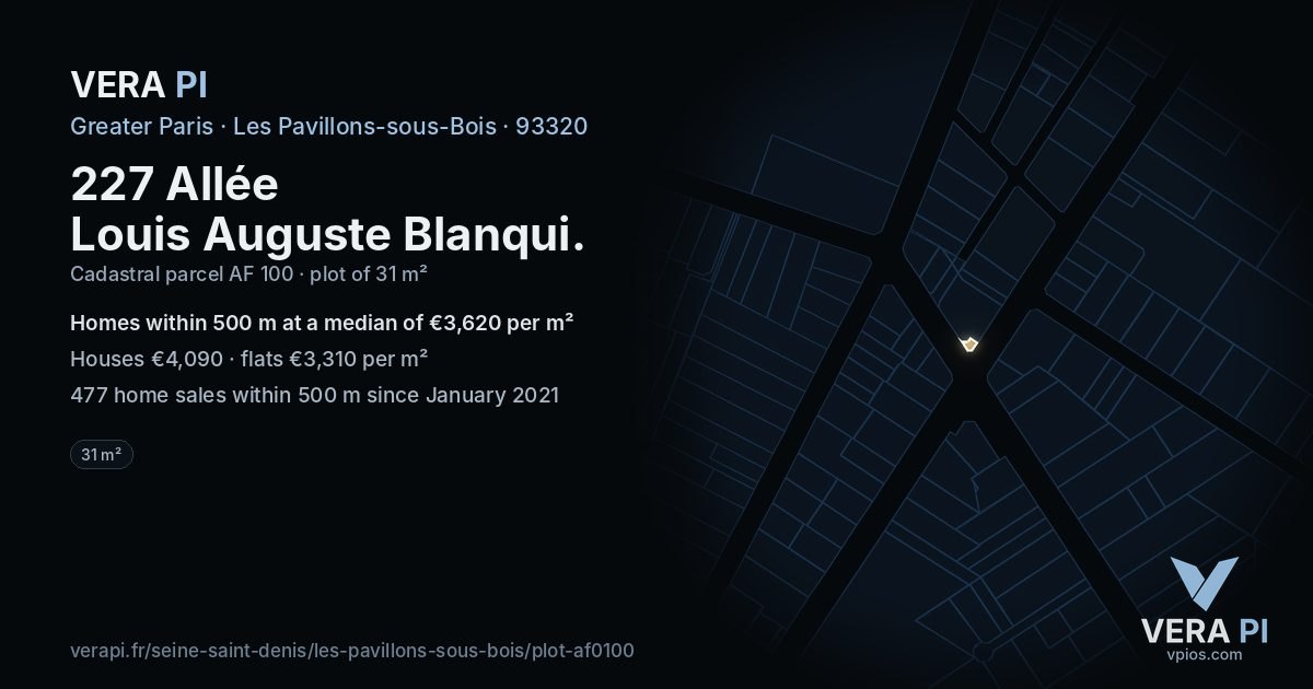 227 Allée Louis Auguste Blanqui, Les Pavillons-sous-Bois at night – the plot lit, the parcels around coloured by the prices near them
