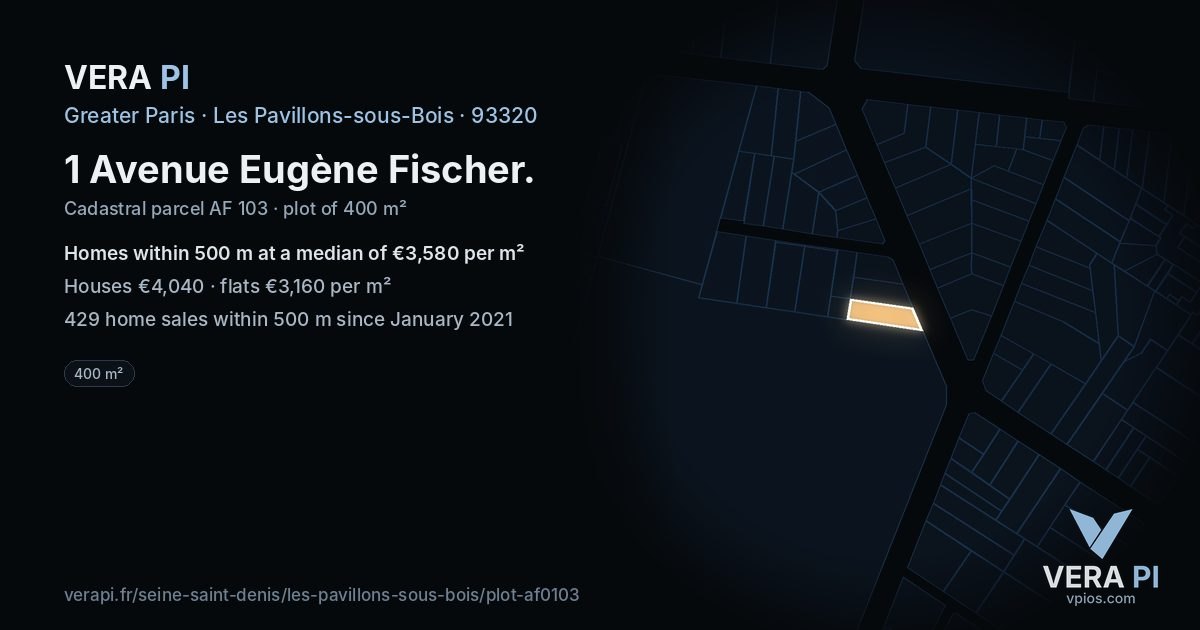 1 Avenue Eugène Fischer, Les Pavillons-sous-Bois at night – the plot lit, the parcels around coloured by the prices near them