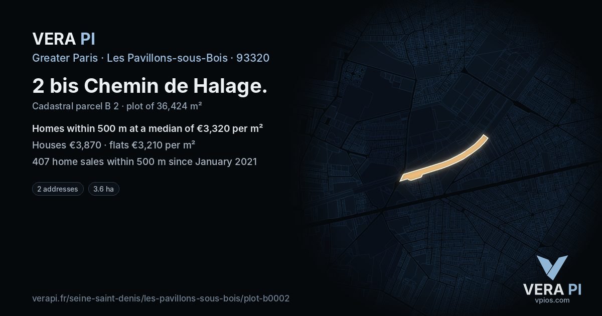 2 bis Chemin de Halage, Les Pavillons-sous-Bois at night – the plot lit, the parcels around coloured by the prices near them