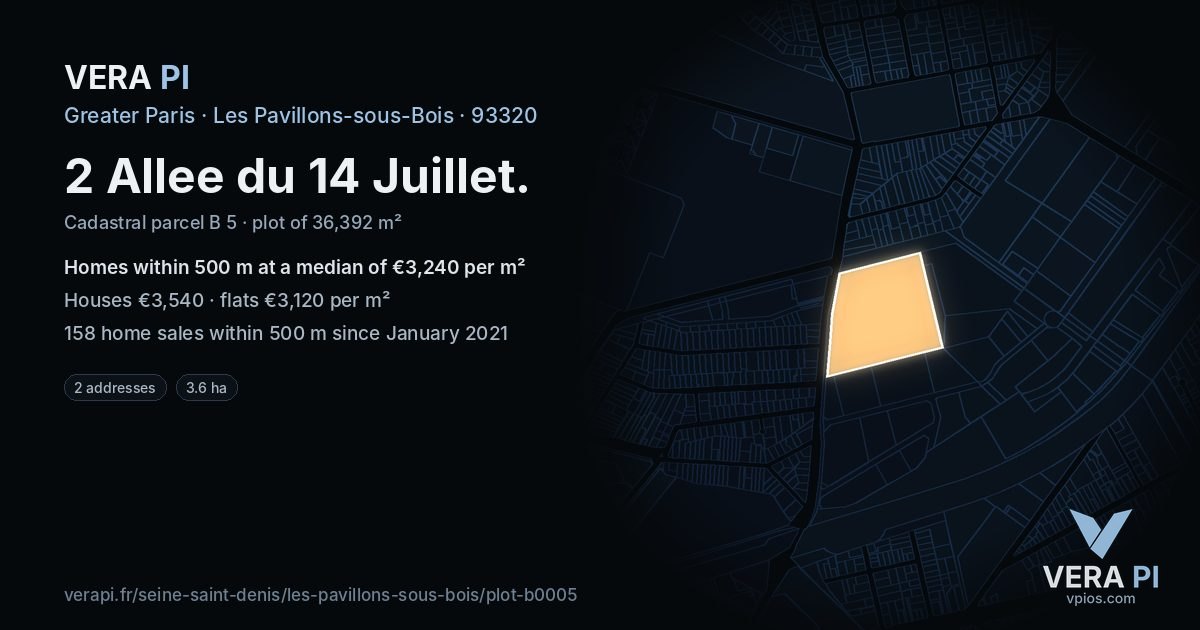 2 Allee du 14 Juillet, Les Pavillons-sous-Bois at night – the plot lit, the parcels around coloured by the prices near them