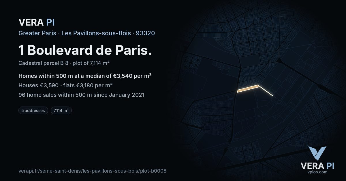 1 Boulevard de Paris, Les Pavillons-sous-Bois at night – the plot lit, the parcels around coloured by the prices near them