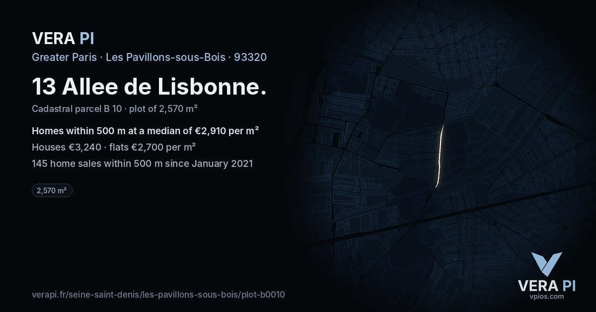 13 Allee de Lisbonne, Les Pavillons-sous-Bois at night – the plot lit, the parcels around coloured by the prices near them