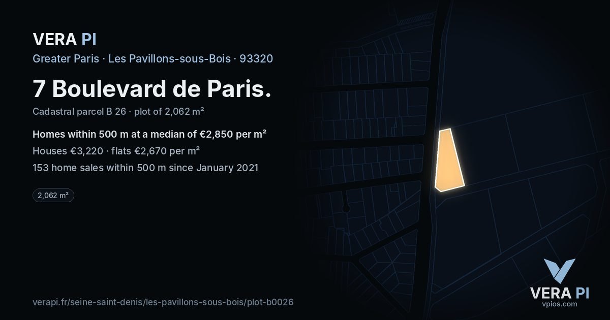 7 Boulevard de Paris, Les Pavillons-sous-Bois at night – the plot lit, the parcels around coloured by the prices near them