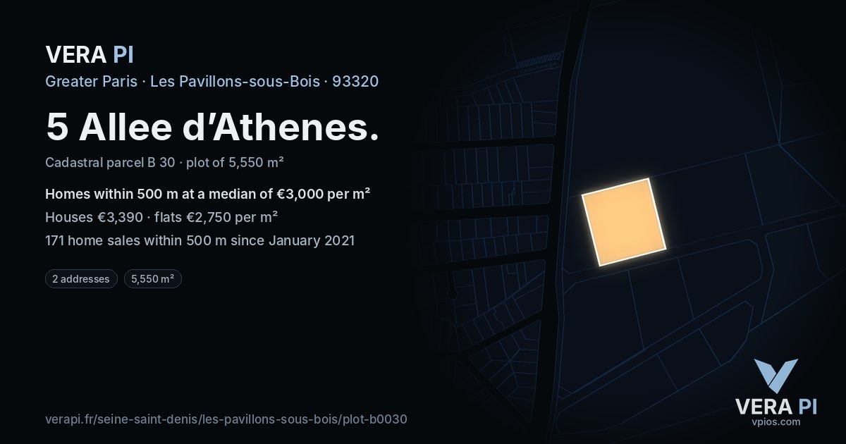 5 Allee d’Athenes, Les Pavillons-sous-Bois at night – the plot lit, the parcels around coloured by the prices near them