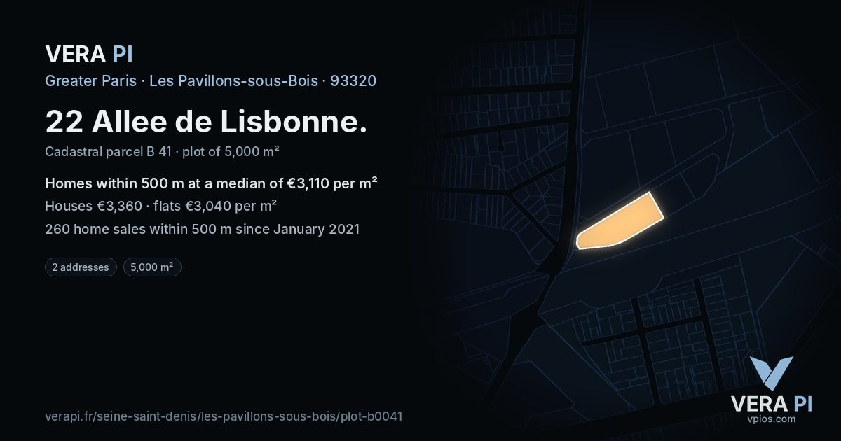 22 Allee de Lisbonne, Les Pavillons-sous-Bois at night – the plot lit, the parcels around coloured by the prices near them