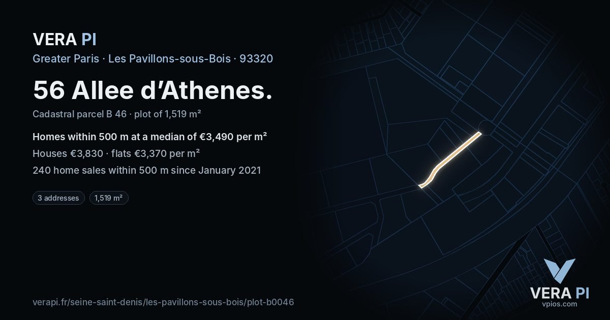 56 Allee d’Athenes, Les Pavillons-sous-Bois at night – the plot lit, the parcels around coloured by the prices near them