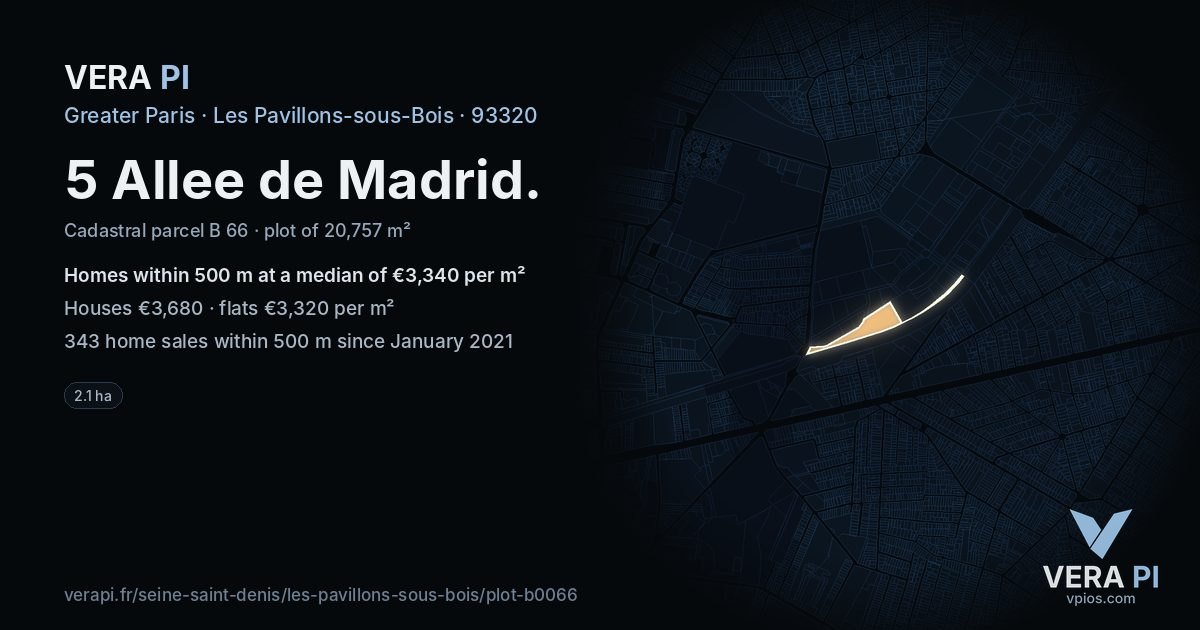 5 Allee de Madrid, Les Pavillons-sous-Bois at night – the plot lit, the parcels around coloured by the prices near them