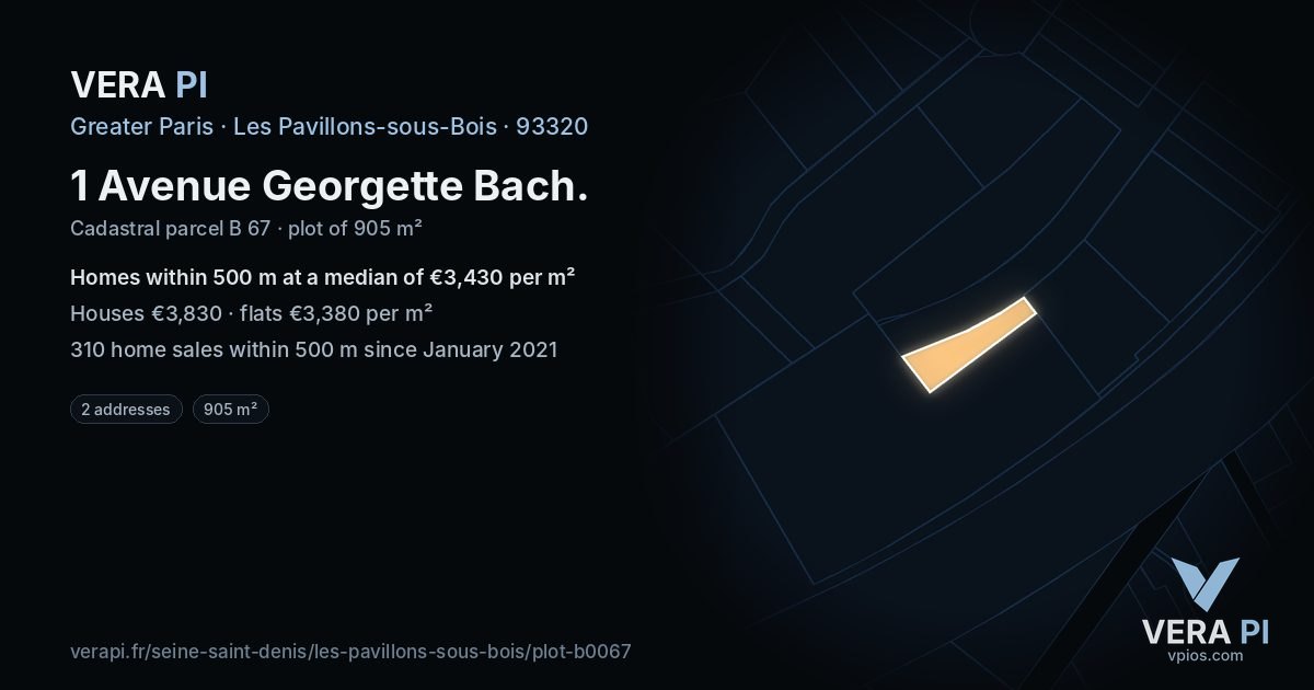 1 Avenue Georgette Bach, Les Pavillons-sous-Bois at night – the plot lit, the parcels around coloured by the prices near them