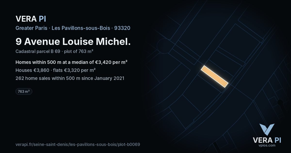9 Avenue Louise Michel, Les Pavillons-sous-Bois at night – the plot lit, the parcels around coloured by the prices near them