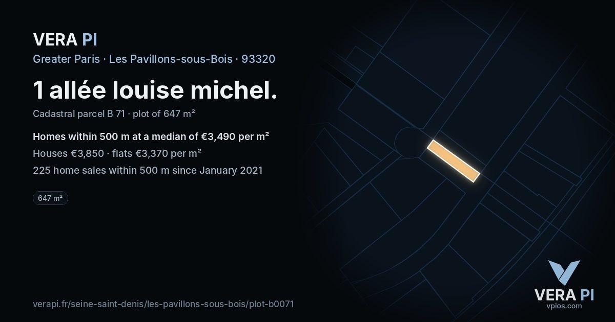 1 allée louise michel, Les Pavillons-sous-Bois at night – the plot lit, the parcels around coloured by the prices near them