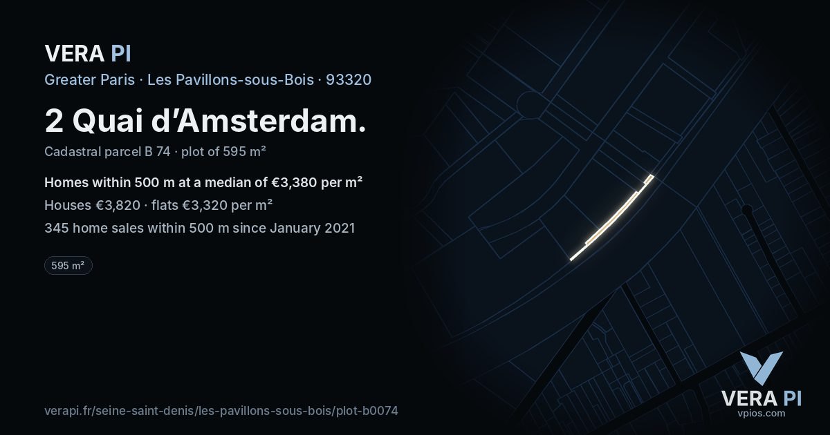 2 Quai d’Amsterdam, Les Pavillons-sous-Bois at night – the plot lit, the parcels around coloured by the prices near them