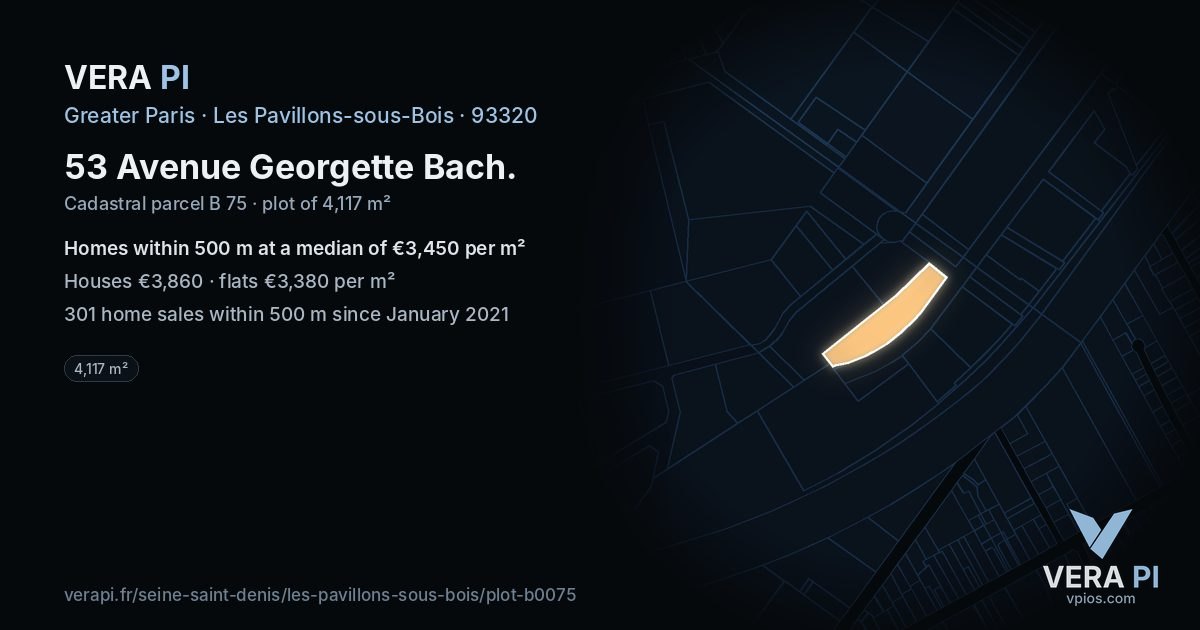 53 Avenue Georgette Bach, Les Pavillons-sous-Bois at night – the plot lit, the parcels around coloured by the prices near them