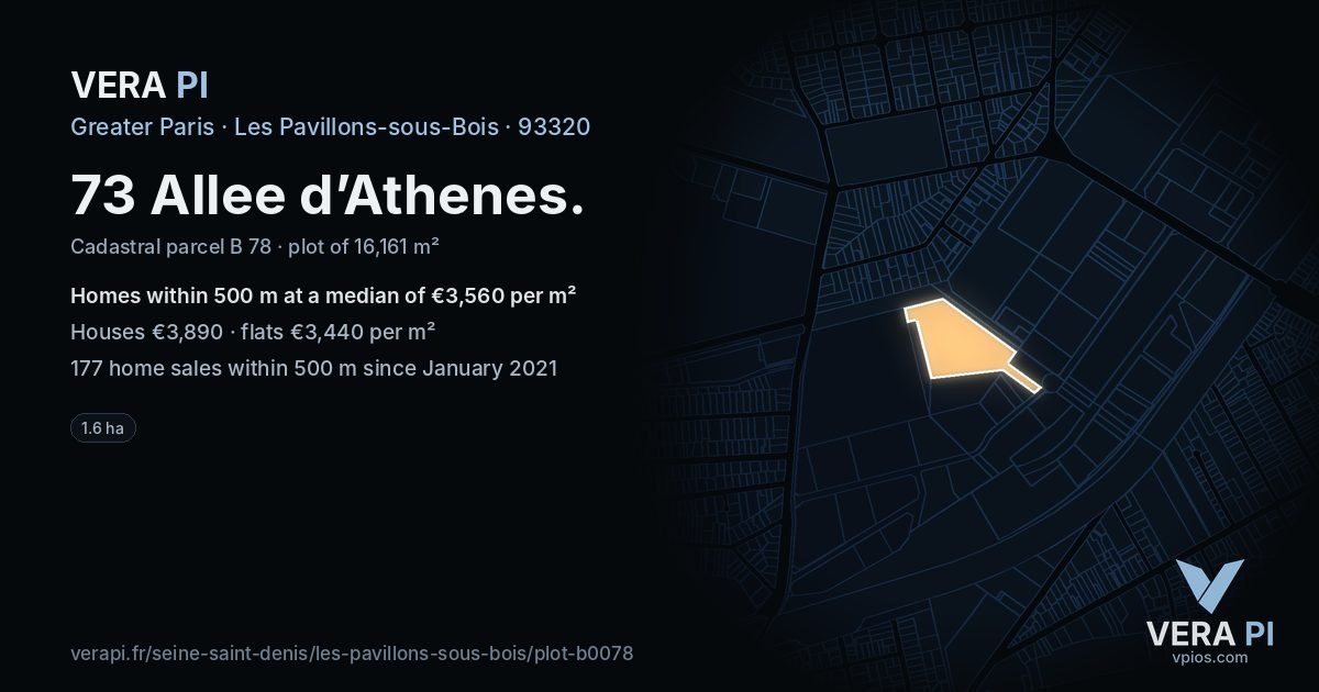 73 Allee d’Athenes, Les Pavillons-sous-Bois at night – the plot lit, the parcels around coloured by the prices near them