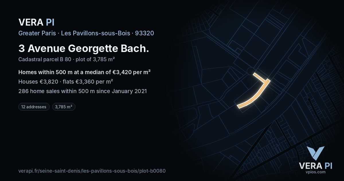 3 Avenue Georgette Bach, Les Pavillons-sous-Bois at night – the plot lit, the parcels around coloured by the prices near them