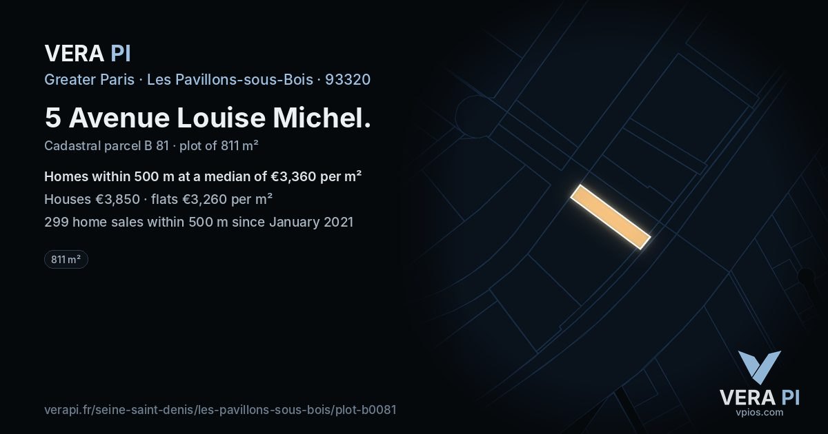 5 Avenue Louise Michel, Les Pavillons-sous-Bois at night – the plot lit, the parcels around coloured by the prices near them