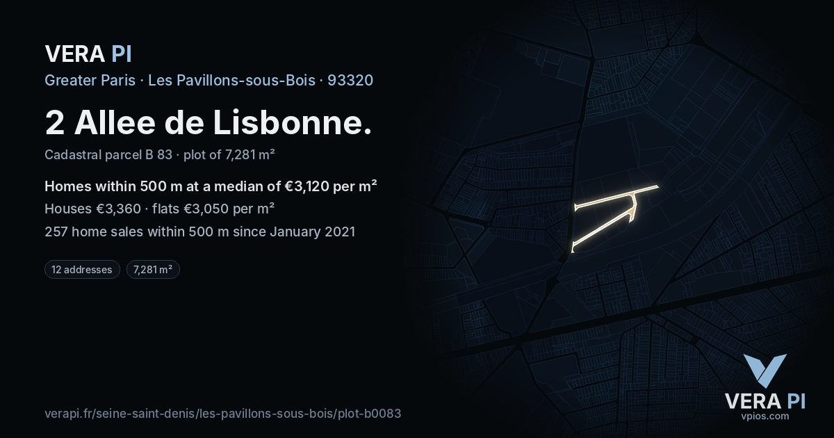 2 Allee de Lisbonne, Les Pavillons-sous-Bois at night – the plot lit, the parcels around coloured by the prices near them
