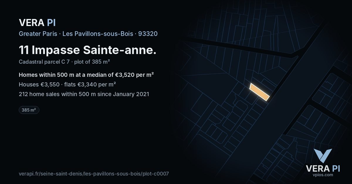 11 Impasse Sainte-anne, Les Pavillons-sous-Bois at night – the plot lit, the parcels around coloured by the prices near them