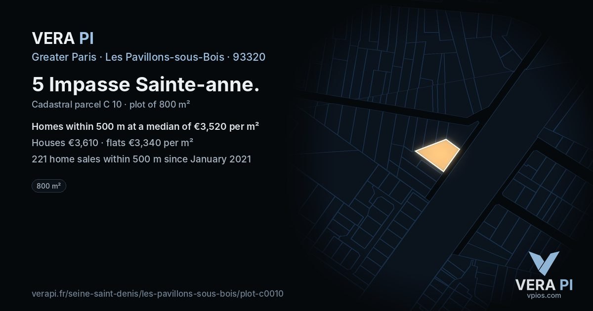 5 Impasse Sainte-anne, Les Pavillons-sous-Bois at night – the plot lit, the parcels around coloured by the prices near them