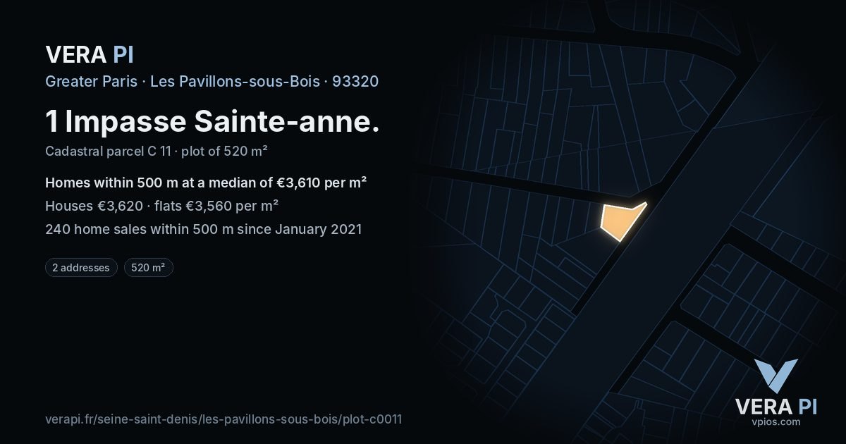 1 Impasse Sainte-anne, Les Pavillons-sous-Bois at night – the plot lit, the parcels around coloured by the prices near them