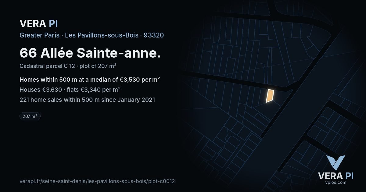 66 Allée Sainte-anne, Les Pavillons-sous-Bois at night – the plot lit, the parcels around coloured by the prices near them