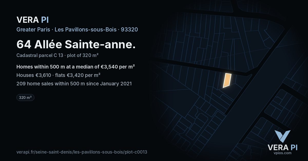 64 Allée Sainte-anne, Les Pavillons-sous-Bois at night – the plot lit, the parcels around coloured by the prices near them