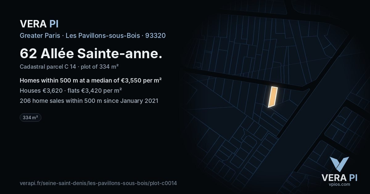 62 Allée Sainte-anne, Les Pavillons-sous-Bois at night – the plot lit, the parcels around coloured by the prices near them