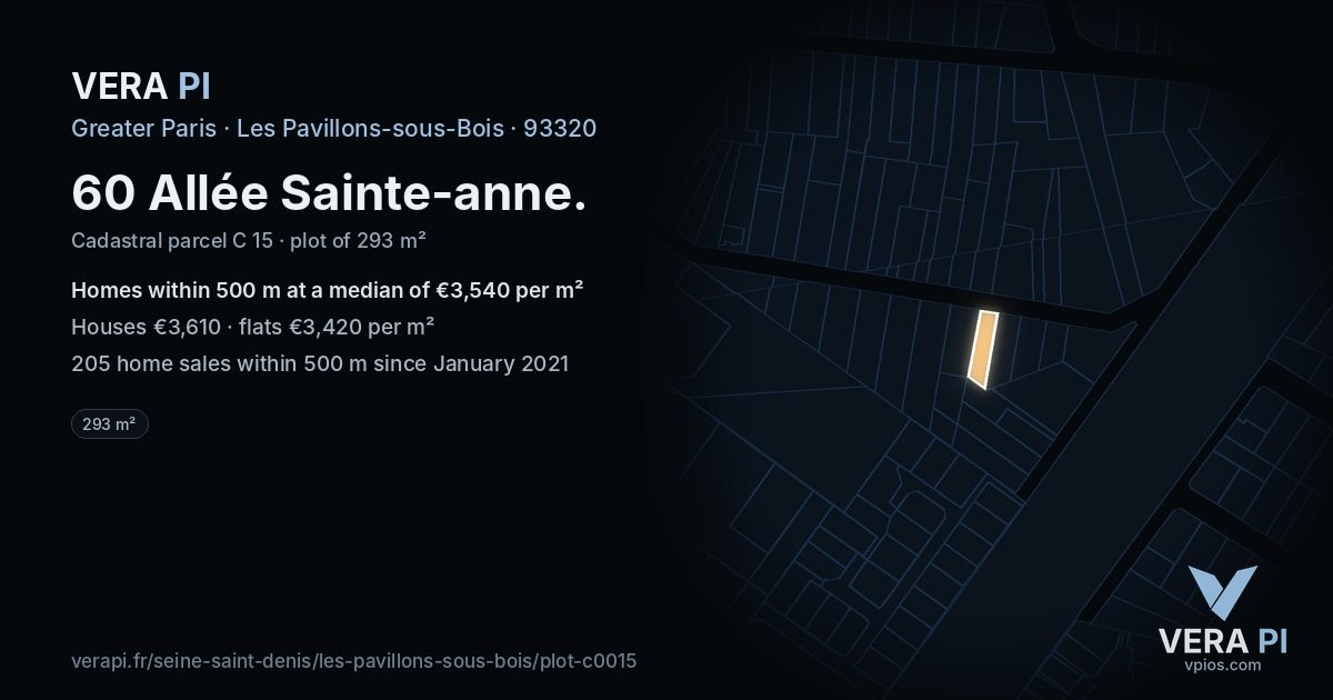 60 Allée Sainte-anne, Les Pavillons-sous-Bois at night – the plot lit, the parcels around coloured by the prices near them