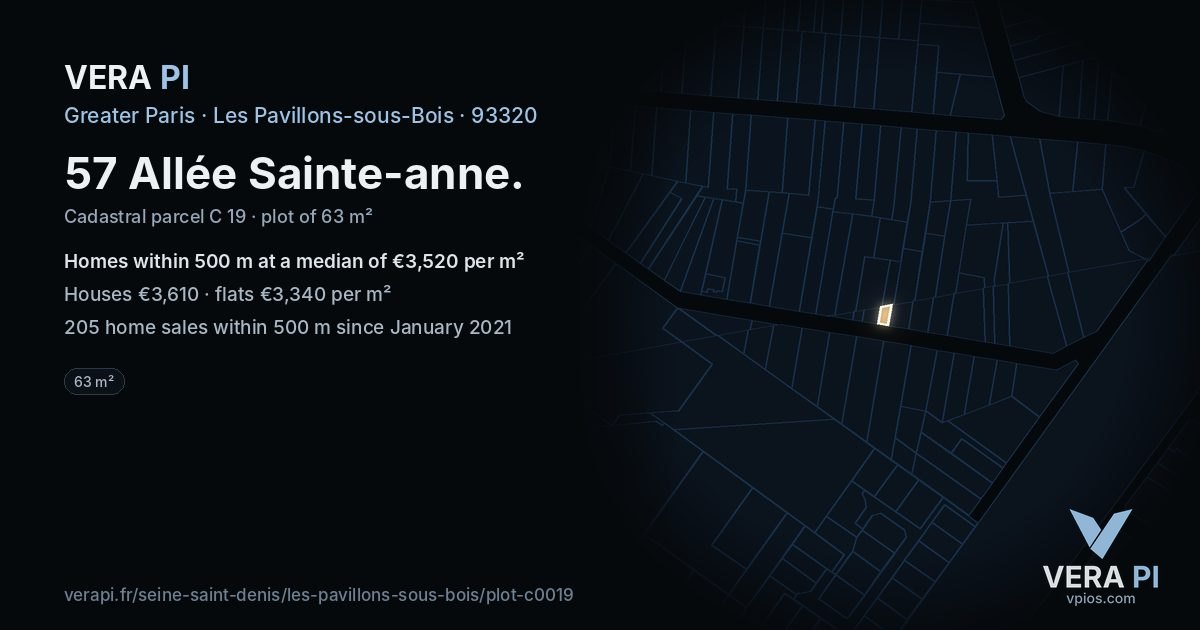 57 Allée Sainte-anne, Les Pavillons-sous-Bois at night – the plot lit, the parcels around coloured by the prices near them