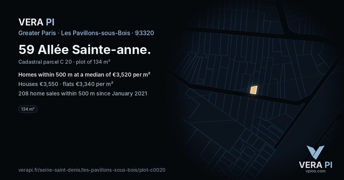59 Allée Sainte-anne, Les Pavillons-sous-Bois at night – the plot lit, the parcels around coloured by the prices near them