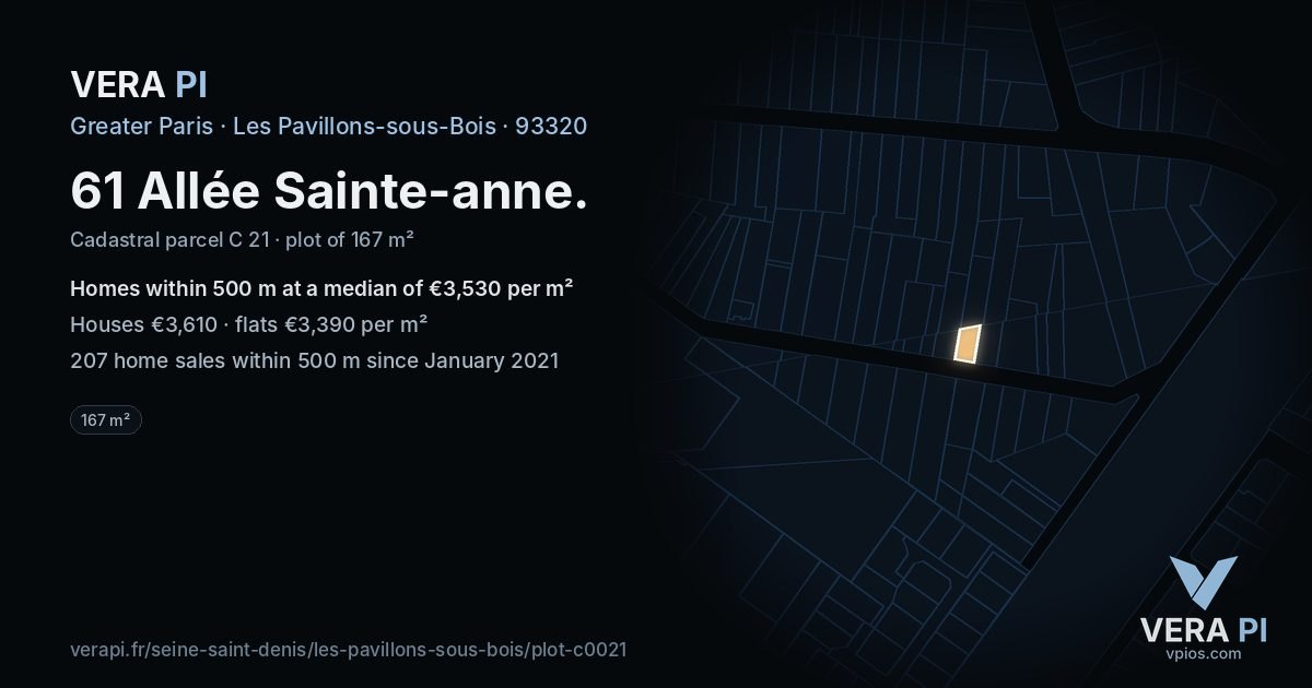 61 Allée Sainte-anne, Les Pavillons-sous-Bois at night – the plot lit, the parcels around coloured by the prices near them