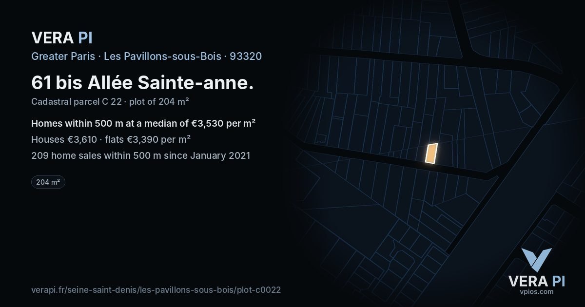 61 bis Allée Sainte-anne, Les Pavillons-sous-Bois at night – the plot lit, the parcels around coloured by the prices near them