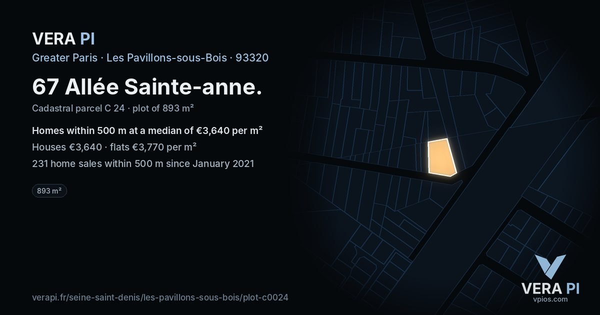 67 Allée Sainte-anne, Les Pavillons-sous-Bois at night – the plot lit, the parcels around coloured by the prices near them