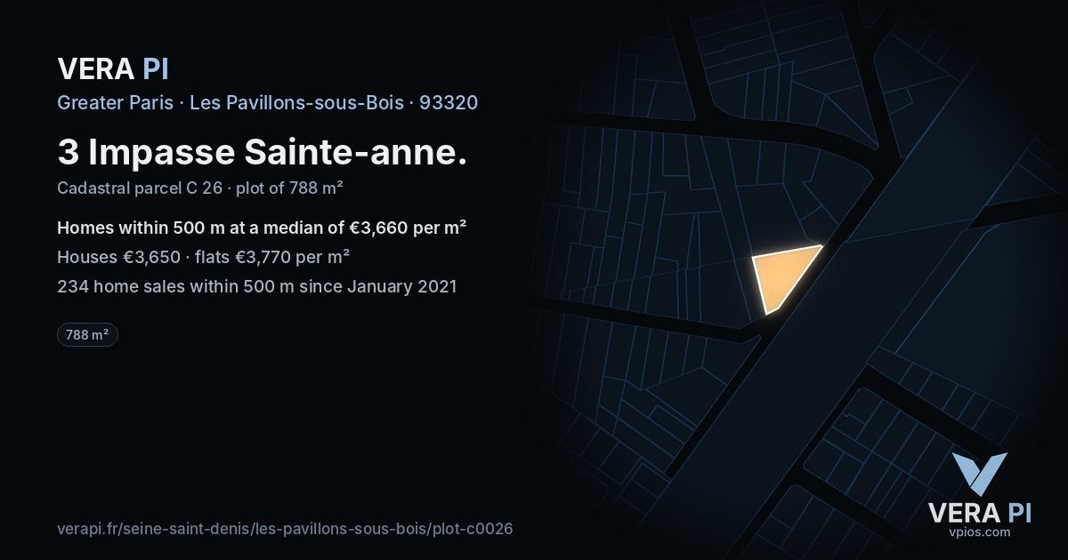 3 Impasse Sainte-anne, Les Pavillons-sous-Bois at night – the plot lit, the parcels around coloured by the prices near them