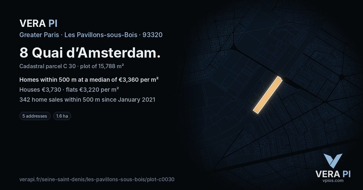 8 Quai d’Amsterdam, Les Pavillons-sous-Bois at night – the plot lit, the parcels around coloured by the prices near them