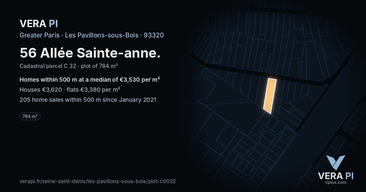 56 Allée Sainte-anne, Les Pavillons-sous-Bois at night – the plot lit, the parcels around coloured by the prices near them