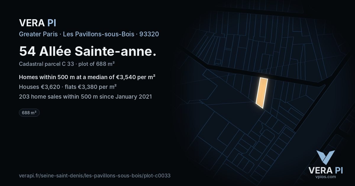 54 Allée Sainte-anne, Les Pavillons-sous-Bois at night – the plot lit, the parcels around coloured by the prices near them