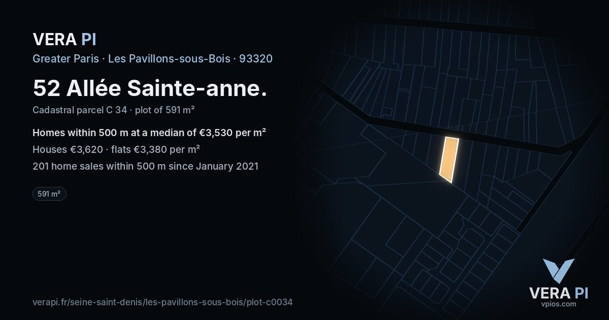 52 Allée Sainte-anne, Les Pavillons-sous-Bois at night – the plot lit, the parcels around coloured by the prices near them