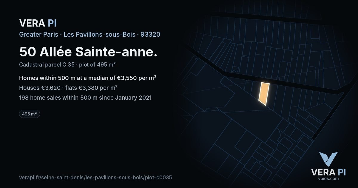 50 Allée Sainte-anne, Les Pavillons-sous-Bois at night – the plot lit, the parcels around coloured by the prices near them