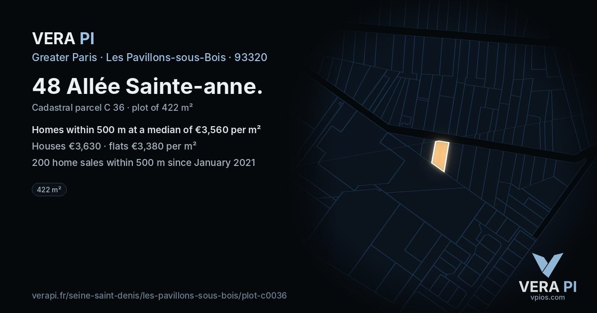 48 Allée Sainte-anne, Les Pavillons-sous-Bois at night – the plot lit, the parcels around coloured by the prices near them