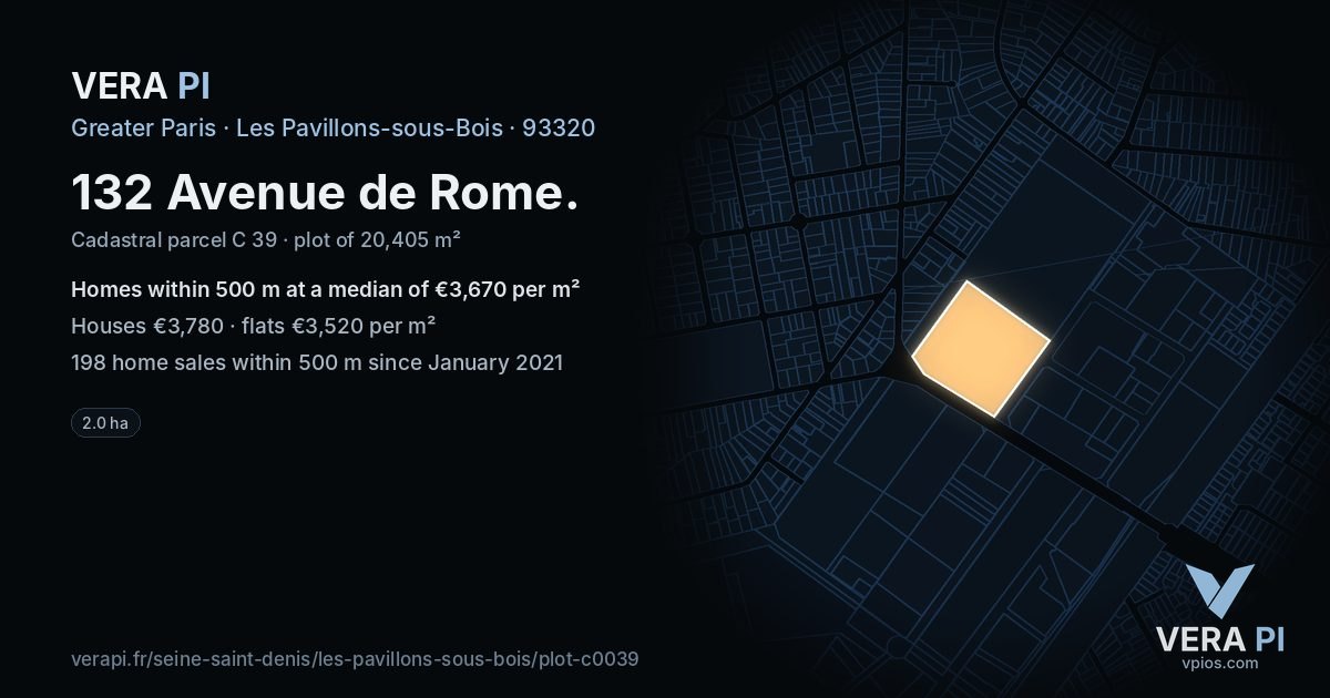 132 Avenue de Rome, Les Pavillons-sous-Bois at night – the plot lit, the parcels around coloured by the prices near them