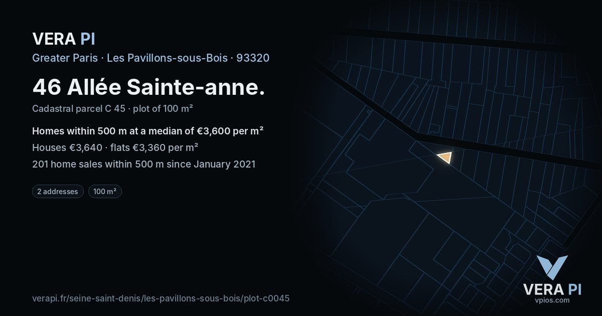 46 Allée Sainte-anne, Les Pavillons-sous-Bois at night – the plot lit, the parcels around coloured by the prices near them