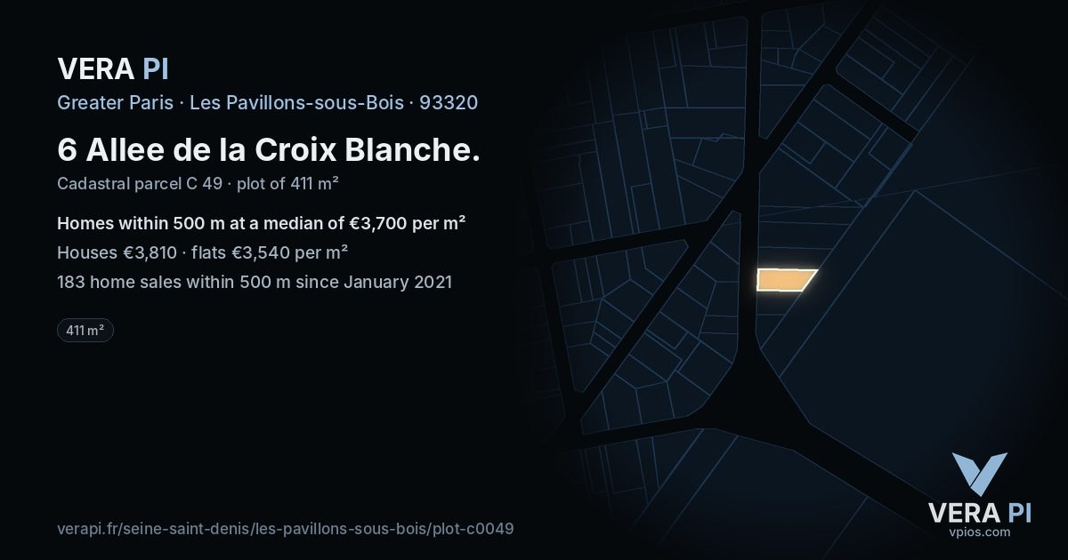 6 Allee de la Croix Blanche, Les Pavillons-sous-Bois at night – the plot lit, the parcels around coloured by the prices near them