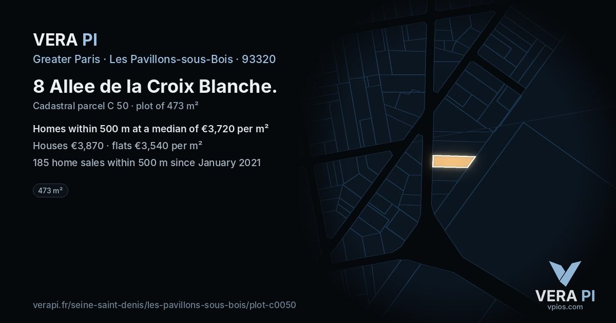8 Allee de la Croix Blanche, Les Pavillons-sous-Bois at night – the plot lit, the parcels around coloured by the prices near them
