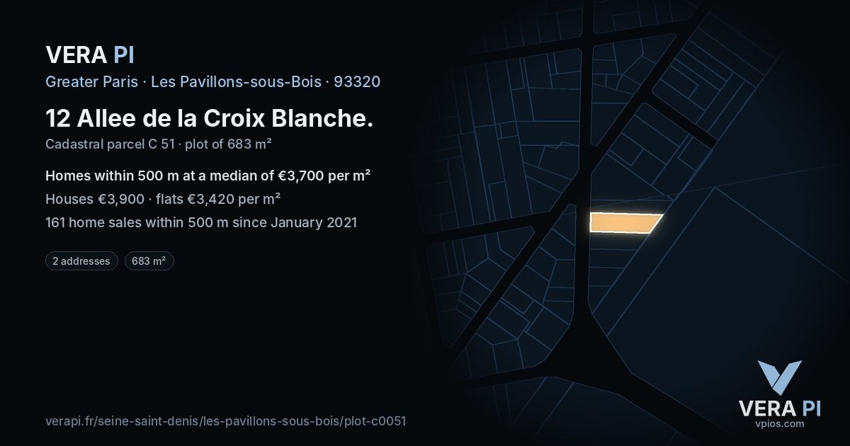 12 Allee de la Croix Blanche, Les Pavillons-sous-Bois at night – the plot lit, the parcels around coloured by the prices near them