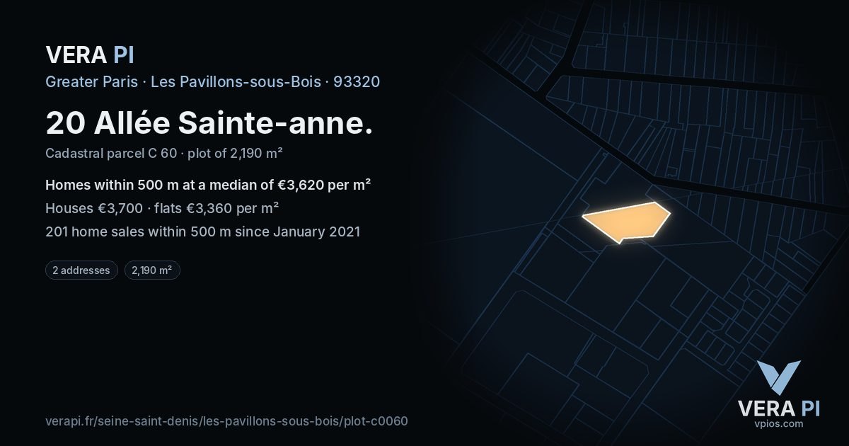 20 Allée Sainte-anne, Les Pavillons-sous-Bois at night – the plot lit, the parcels around coloured by the prices near them