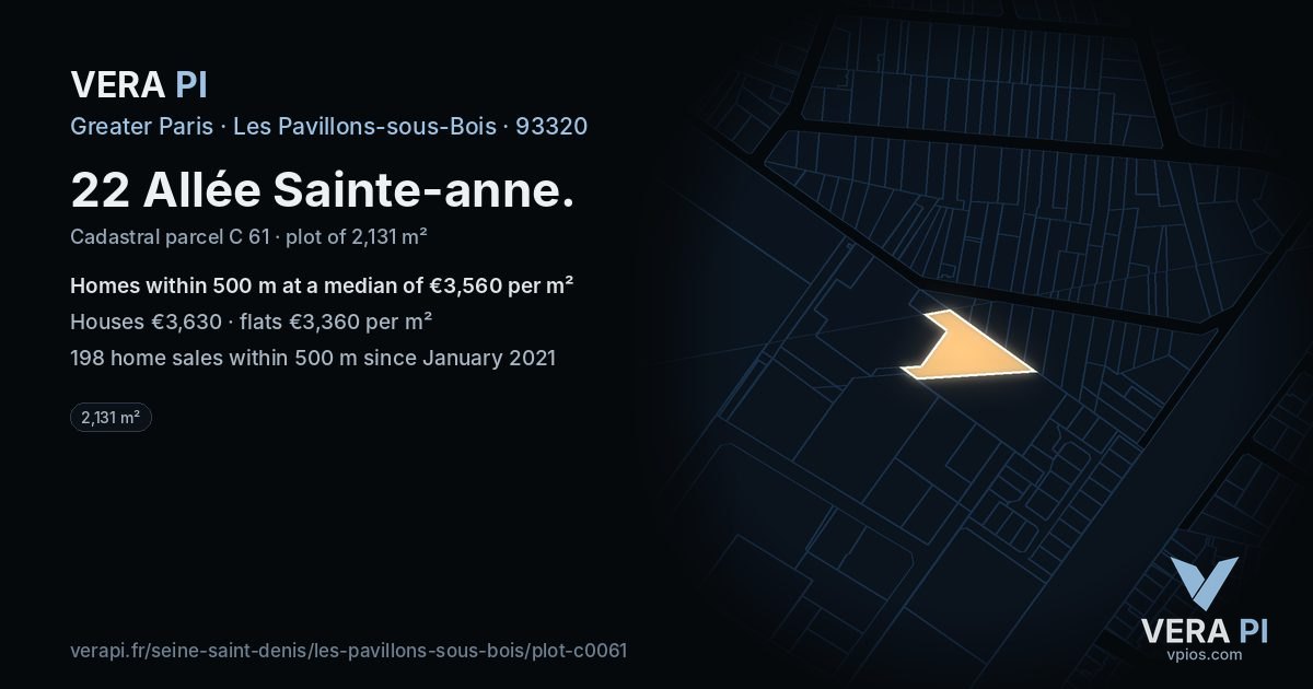22 Allée Sainte-anne, Les Pavillons-sous-Bois at night – the plot lit, the parcels around coloured by the prices near them