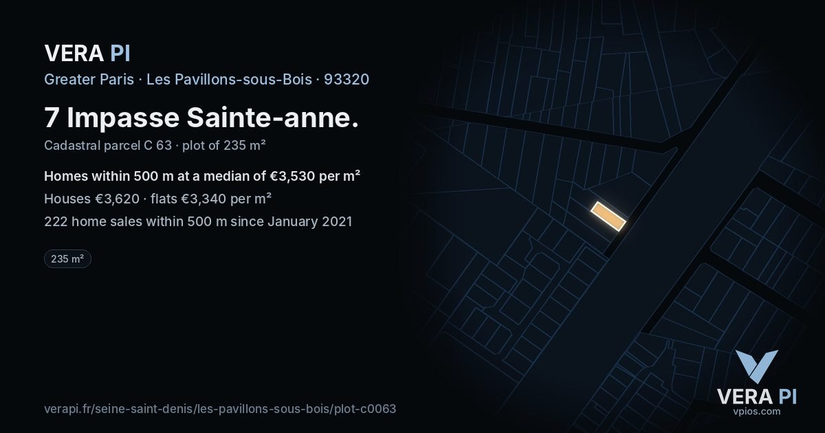 7 Impasse Sainte-anne, Les Pavillons-sous-Bois at night – the plot lit, the parcels around coloured by the prices near them