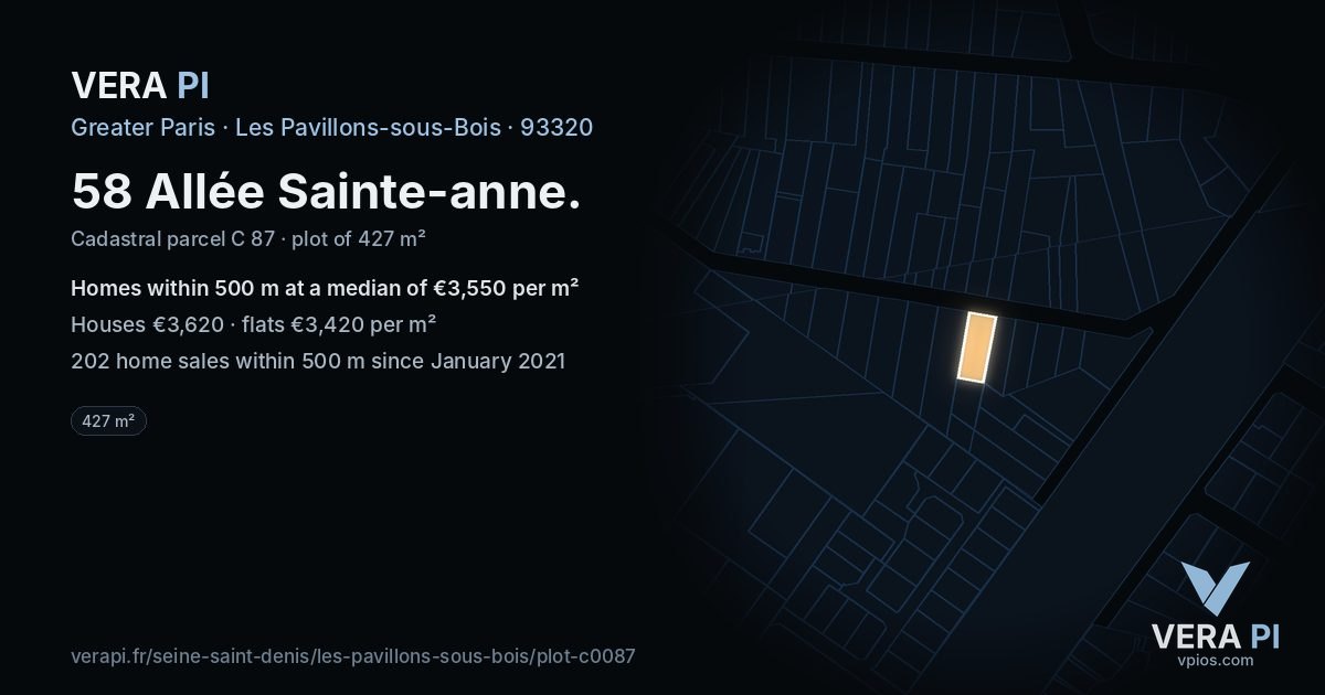 58 Allée Sainte-anne, Les Pavillons-sous-Bois at night – the plot lit, the parcels around coloured by the prices near them