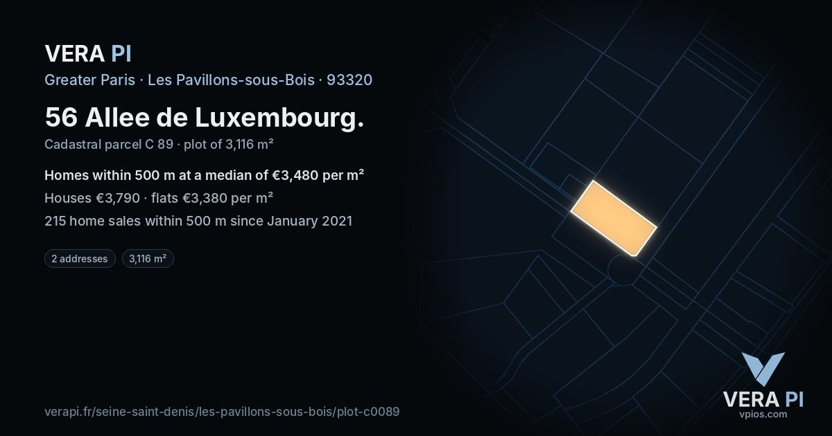 56 Allee de Luxembourg, Les Pavillons-sous-Bois at night – the plot lit, the parcels around coloured by the prices near them